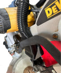 Close-up of installed Heavy Duty Dust Collection Attachment on DWS miter saw for cleaner, safer shop environment