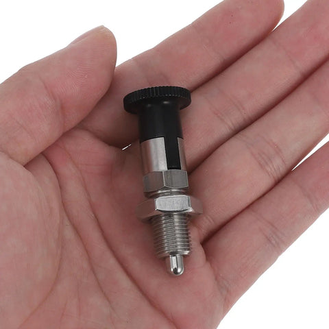 Heavy Duty Stainless Steel Self Locking Spring Plunger Pin With Kickass Safety Latch And Slick Indexing Action For Demanding Industrial Jobs Gearbox And Rigging held in a hand.