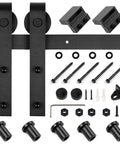 No Fuss 6.6 Foot Sliding Barn Wood Door Hardware Kit With Premium Carbon Steel Track System, displayed with components.