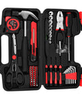 Real Deal 144 Piece Red Home Tool Set With Tough Plastic Carry Case And Essential Household Hardware Kit Featuring tools, screwdriver bits, and a hammer.