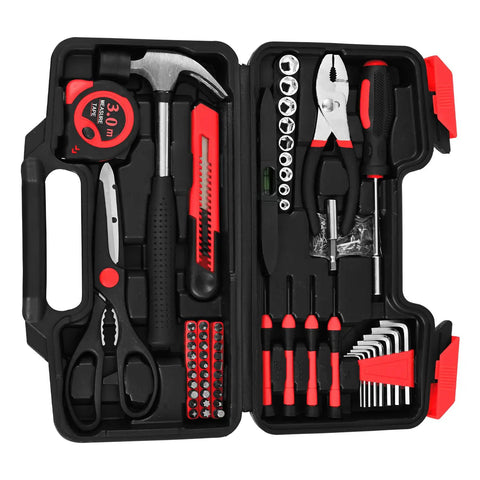 Real Deal 144 Piece Red Home Tool Set With Tough Plastic Carry Case And Essential Household Hardware Kit Featuring tools, screwdriver bits, and a hammer.