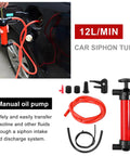 Universal Manual Car Fluid Transfer Pump With Extended Suction Hose Kit Fuel Extractor And Hand Siphon Tool, red manual oil pump in use with siphon tube.