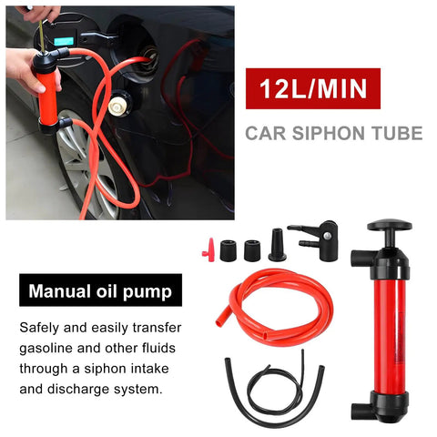 Universal Manual Car Fluid Transfer Pump With Extended Suction Hose Kit Fuel Extractor And Hand Siphon Tool, red manual oil pump in use with siphon tube.