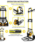 Front view of a yellow aluminum folding hand truck dolly with a retractable handle and rubber wheels