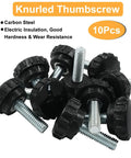 Top Shelf M6 X 20MM Knurled Thumb Screws 10 Pack Black Galvanized Steel Fasteners arranged in a pile on a white background.