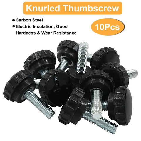 Top Shelf M6 X 20MM Knurled Thumb Screws 10 Pack Black Galvanized Steel Fasteners arranged in a pile on a white background.