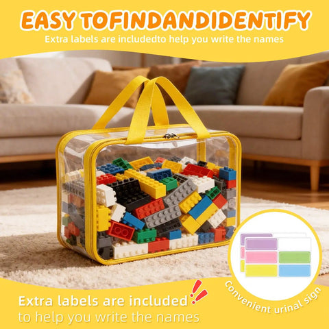 Clear PVC bag with colorful toy blocks, yellow handles, zippers, and labels on a carpet, titled Eight Piece Extra Large Colorful Toy Storage Bags With Zippers And Labels Clear PVC Waterproof Organizers For Board Games Puzzle Pieces Building Blocks And Handmade Accessories.