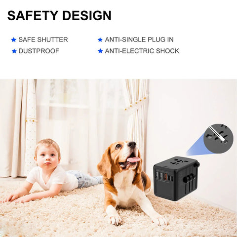 Fast 35W PD USB C Travel Adapter With 2 USB C And 3 USB A Ports next to child and dog, showing safety design features.