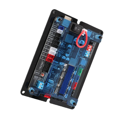 Upgrade Your Workshop With This Badass 32 Bit GRBL Controller Board For 3 Axis CNC Woodworking And Stepper Motor Control, top view, blue circuit board, connections visible.