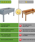Comparison image showing Two Pack Galvanized Raised Garden Beds With Legs, 48 By 24 By 30 Inches, Heavy Duty Metal Planter Box vs wooden planter.