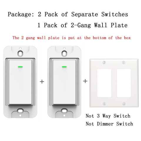 Image of Two Gang WiFi Smart Light Switch for Single Pole Lighting That Plays Nice With Alexa And Google Assistant 2.4GHz Only Neutral Wire Required Not a Dimmer Not 3 Way Includes Two Switches And A 2 Gang Wall Plate, showing two switches and wall plate.