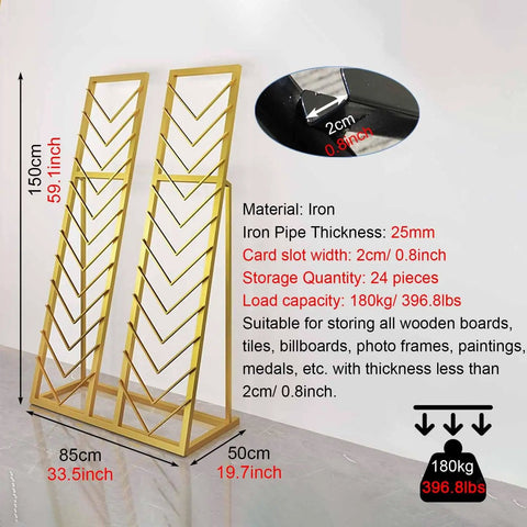 Top Shelf Heavy Duty Tile Sample Display Rack With Rock Solid Iron Frame For Marble Slab Floor Board Templates Large Gold Finish Built Tough Job Site Ready Rack, showcasing dimensions and features.