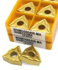 Heavy Duty 10 Pcs Carbide Turning Inserts Wnmg080408 For External Turning Lathe visible in yellow box, showing golden triangular inserts.
