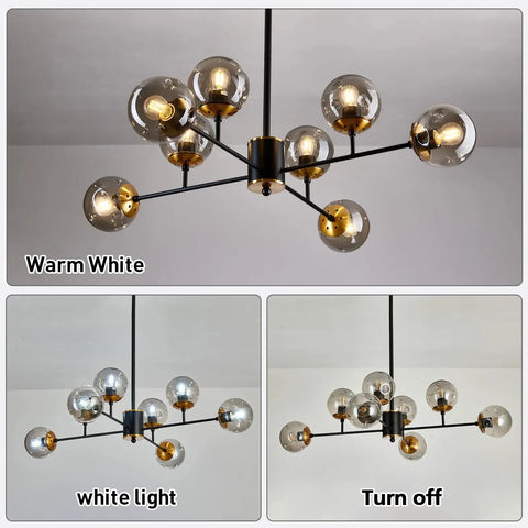 Eight Light Mid Century Glass Globe Chandelier with gold finish, shown in warm white, white light, and turned off lighting modes.