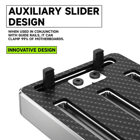 Rock Solid Carbon Fiber Motherboard Fixture Featuring Smooth Triaxial Screw Rods And A Hassle Free Universal Repair Clamp close-up of auxiliary slider design for motherboard clamping.