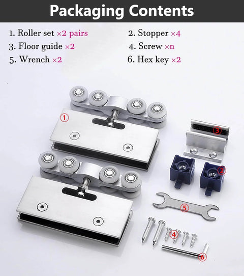 Beefed Up Glass Sliding Door Hardware Kit with track, rollers, stoppers, guides, screws, wrench, hex key visible in image.