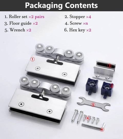 Heavy Duty Sliding Door Hardware Kit For Double Doors Features Top Tier Aluminum Double Rail Track System For Bypass Closet Partitions And Barn Doors With Easy As Pie Setup And Butter Smooth Glide showing packaging contents including rollers, stoppers, screws, and tools.