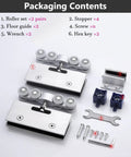 Built Tough Aluminum Sliding Door Hardware Kit For Double Closet Bypass Tracks And Barn Door Partitions contents including rollers, stoppers, screws.