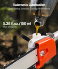 Chain lubrication feature of Gas Pole Saw With 43cc Two-Stroke Engine, 10 Inch Bar, 11.7 Ft Reach, minimizing friction for smooth cutting.