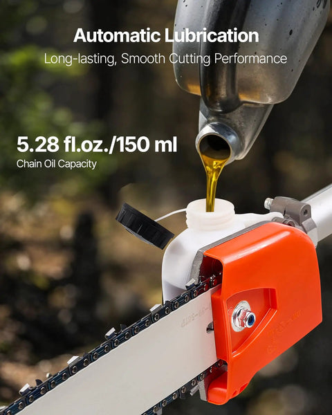 Chain lubrication feature of Gas Pole Saw With 43cc Two-Stroke Engine, 10 Inch Bar, 11.7 Ft Reach, minimizing friction for smooth cutting.
