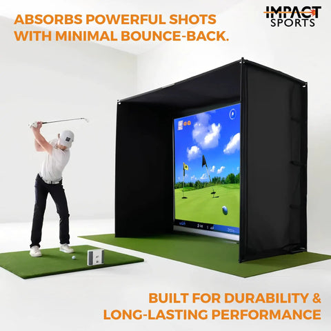 Indoor Golf Simulator Enclosure With Impact Screen Easy Setup Home Practice Cage For Garage Training And Simulation Use Perfect For Personal At Home Golf Practice And Swing Refinement shown with golfer practicing.