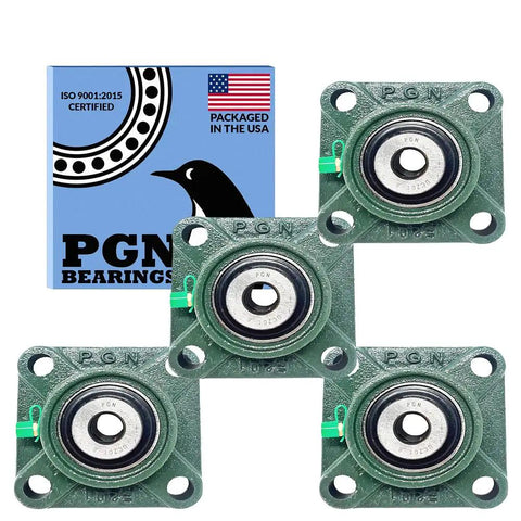 Rugged Pillow Block Bearing Set Pack Of Four With Square Flange Mounts Self Aligning Chrome Steel Bearings Half Inch Bore UCF201 8 Style