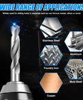 One Eighth Inch Carbide Drill Bits Set For Metalworking, tungsten carbide drill bit next to various metal types like stainless steel and copper