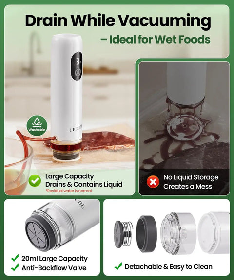 Compact Food Vacuum Sealer With LED Display And Liquid Drainage Tube showing anti-backflow tech for wet foods