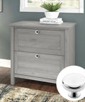 5 Pack Polished Chrome Cabinet Knobs on a gray two-drawer cabinet. Round handles suitable for kitchen and bathroom.