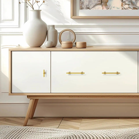 Gold Cabinet Handles 3 Inch 76mm Pack Of 3 Minimalist Modern Dresser Pulls for cabinets on a white sideboard