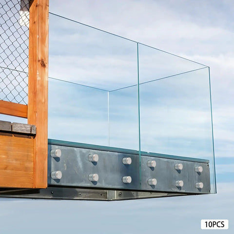 10 Pack 304 Stainless Steel Glass Railing Standoffs With Slick Wire Draw Texture used to secure glass panels in an outdoor setting.