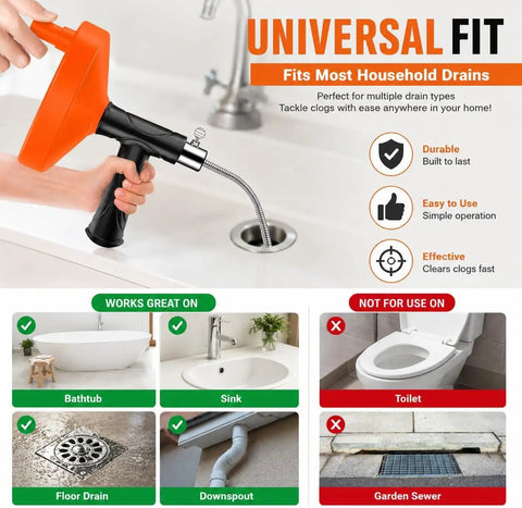 Heavy Duty Drain Snake Auger With Slick Flex Steel Cable For Knocking Out Stubborn Hair And Sink Clogs In Bathroom Or Shower Includes Grippy Work Gloves For A No Sweat Cleanup Fix Bright Orange being held above a sink.