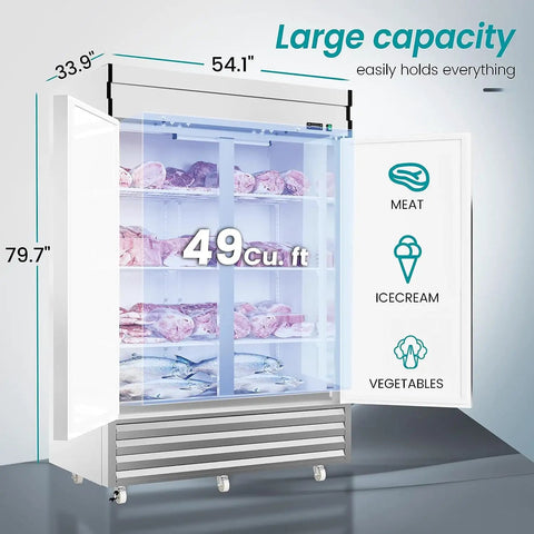 Shop Grade 54 Inch Stainless Steel Upright Freezer With Dual Solid Doors And Heavy Duty Casters For Quick Kitchen Or Garage Layout Featuring Efficient Airflow Temp Range And Rock Solid Workhorse Performance showing large capacity with 49 cu. ft.