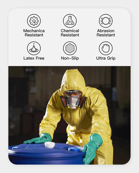 Person in hazmat suit wearing Two Pairs Nitrile Chemical Resistant Gloves With Flocked Lining Latex Free Fifteen Mil Thick Twelve Point Six Inch Long X Large Ideal For Household Chores DIY Projects And Messy Cleanup With Tough Grip And Strong Chemical Guard handling blue barrel, safety icons above.