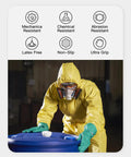 Person wearing Badass 15 Mil Nitrile Chemical Resistant Gloves with Rock Solid Acid Alkali Solvent Shield, handling chemical barrel.