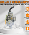 Carburetor Kit for 50cc to 125cc 4 Stroke ATVs Quad Go Karts Dirt Bikes With Air Filter and Fuel Filter Beef Up Performance Direct Fit Replacement for Most 4 Stroke Engines Under 125cc displayed on a stand