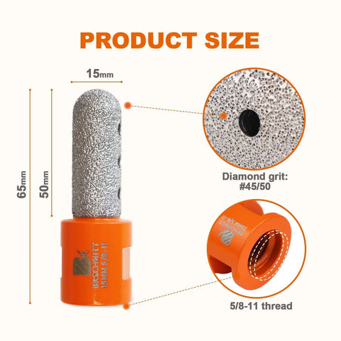 Diamond finger milling bit, 15mm dia, 5/8-11 thread, for enlarging holes in porcelain tile and stone countertops