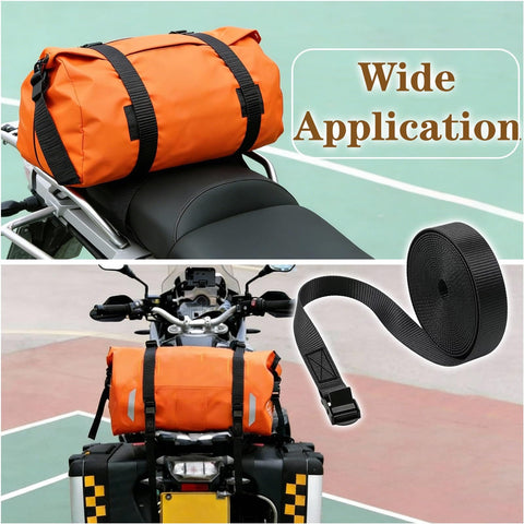 Beefy Heavy Duty Lashing Straps With Buckles 4 Pack 1 Inch By 5 Feet shown securing luggage on a motorcycle.