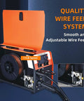 Super Cool 4 In 1 Portable Welding Machine That Gets The Job Done With Gasless Flux Core Mig, Stick, And Lift Tig Capabilities Plus Smart Synergic Control For Smooth Dual Voltage Operation, showcasing a wire feed system with an 11LB spool.