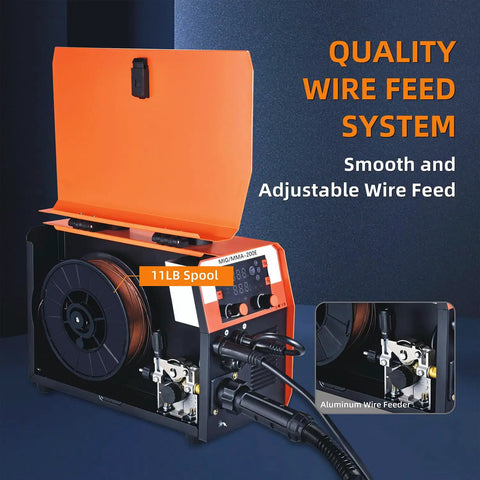 Super Cool 4 In 1 Portable Welding Machine That Gets The Job Done With Gasless Flux Core Mig, Stick, And Lift Tig Capabilities Plus Smart Synergic Control For Smooth Dual Voltage Operation, showcasing a wire feed system with an 11LB spool.