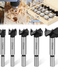Hinge boring drill bit set for wood (5-piece, 15–35 mm) in a wooden box.