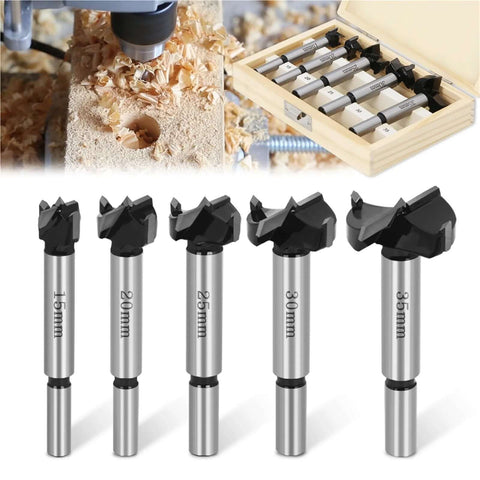Hinge boring drill bit set for wood (5-piece, 15–35 mm) in a wooden box.