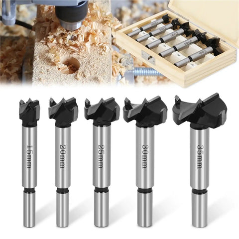Heavy Duty Straight Shooting Hinge Boring Drill Bit Set For Wood And Window Hole Cutting Auger Tools with 15 20 25 30 35mm sizes in a wooden box.