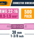 Pink insulated heat-shrink butt connector for 22-16 AWG (0.5-1.5 mm²), 38 mm long, 500-pack.