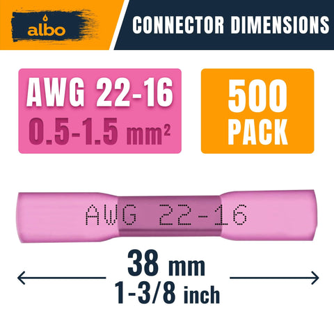 Pink insulated heat-shrink butt connector for 22-16 AWG (0.5-1.5 mm²), 38 mm long, 500-pack.