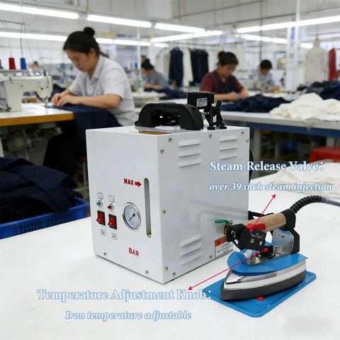 Pro Grade 110V Commercial Curtain Steamer With 4L Tank And 3KG Steam Flow Adjusted By Visual Gauge For Knocking Stubborn Wrinkles Right Off Heavy Drapes And Factory Garments Without Scale Headaches in a textile factory setting.