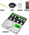 Ultra Precision 100g Pocket Digital Milligram Scale With 0.001g Readout For Gold Silver Jewelry Gems Powder Medicine Comes With 50g Calibration Weight Tray And Tweezers Small Gram Scale For Quick Accurate Micro Measurements, shown with accessories.