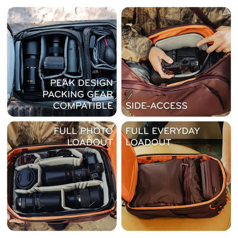 Collage showing Go To Travel Backpack 45L Expandable From 35L To 45L With Weatherproof Shell, camera gear, and side-access use.