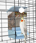 No Sweat Hassle Free Automatic Bird Feeder With Green Comfort Perch For Cage featuring clear acrylic hopper and cockatiel feeding.