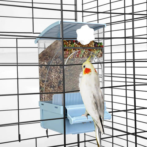 No Sweat Hassle Free Automatic Bird Feeder With Green Comfort Perch For Cage featuring clear acrylic hopper and cockatiel feeding.